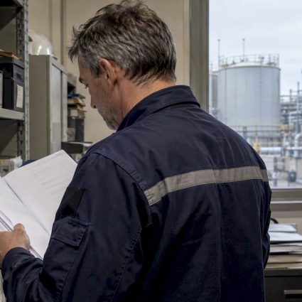 Inspector reviewing an industrial lightning dossier
