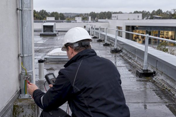 Auditeur vérifiant une installation de protection contre la foudre dans un ERP