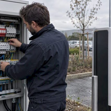 Technicien en train de vérifier la protection d’une borne de recharge pour véhicules électriques