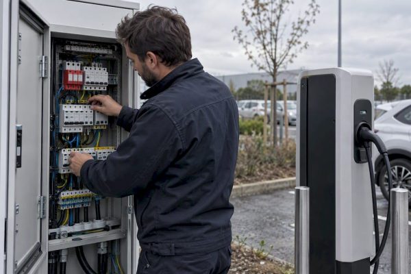 Technicien en train de vérifier la protection d’une borne de recharge pour véhicules électriques