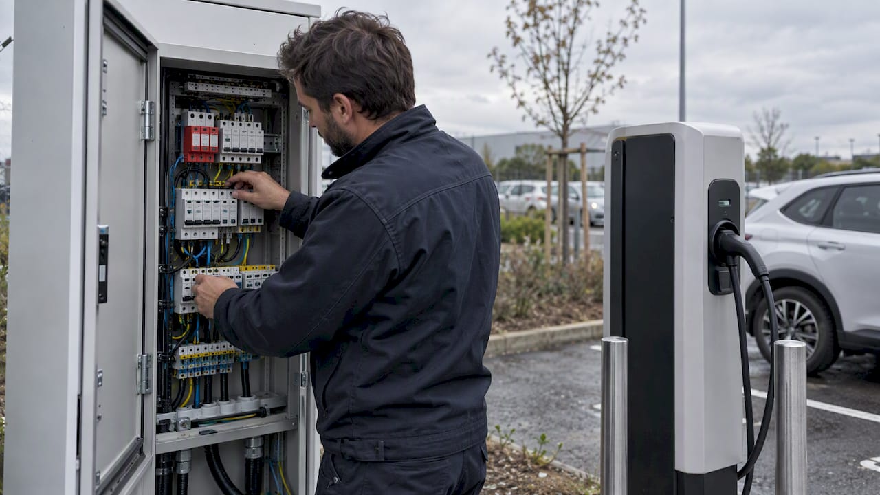 Technicien en train de vérifier la protection d’une borne de recharge pour véhicules électriques