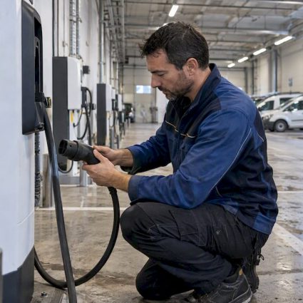 Technician testing an enterprise EV charger