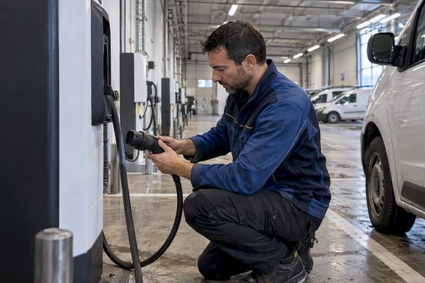 Technician testing an enterprise EV charger