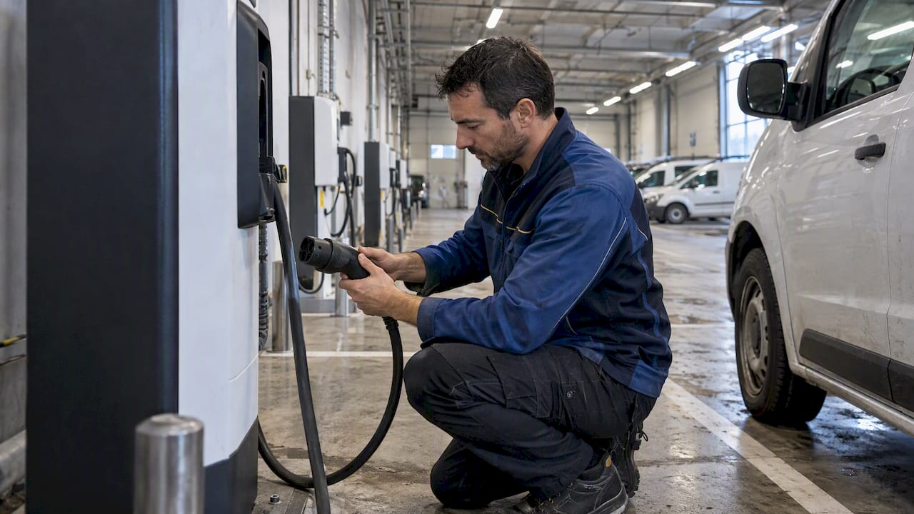Technician testing an enterprise EV charger