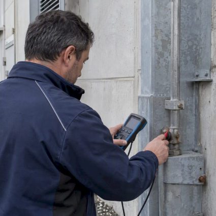 Verifier testing an industrial lightning protection bond