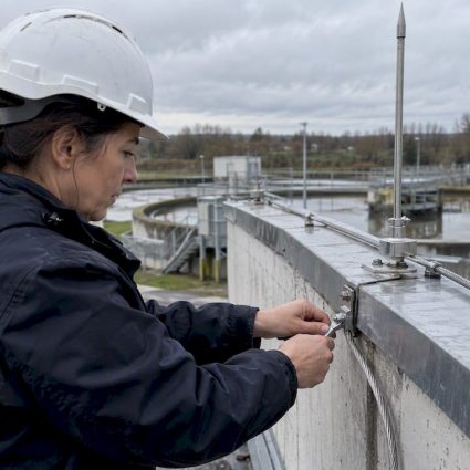 Technicienne en train de vérifier un système de protection contre la foudre