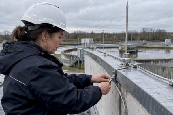 Technicienne en train de vérifier un système de protection contre la foudre