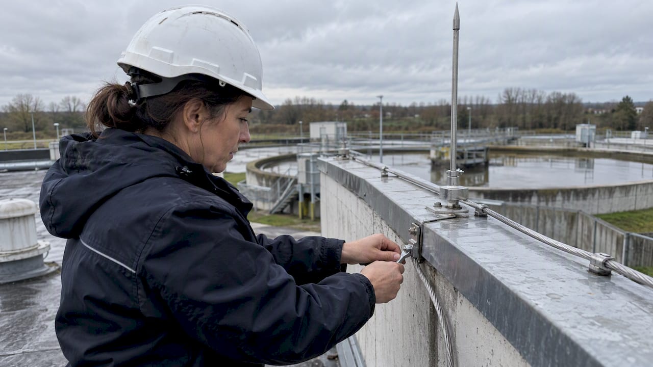 Technicienne en train de vérifier un système de protection contre la foudre