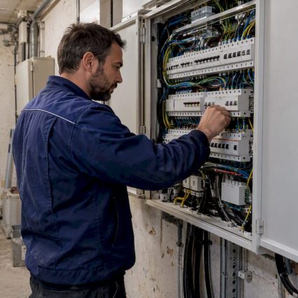 Electrician inspecting an existing electrical panel