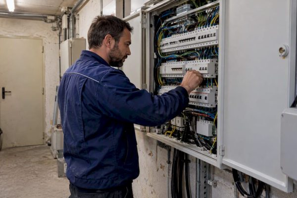 Electrician inspecting an existing electrical panel