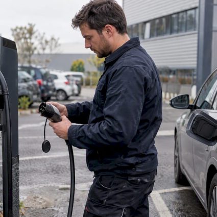 Technicien en train de contrôler une borne de recharge installée