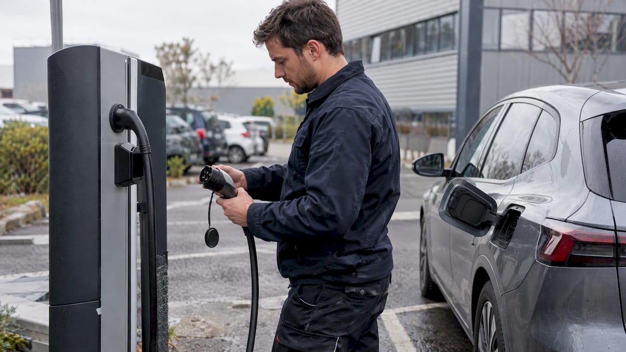Technicien en train de contrôler une borne de recharge installée