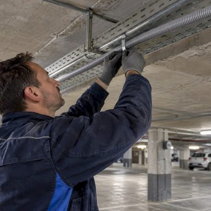 Electrician fitting conduit in a parking garage