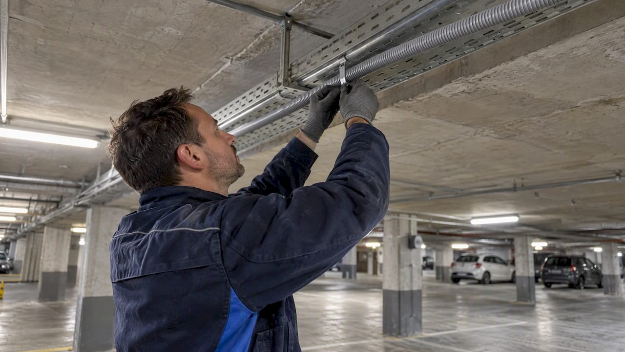 Electrician fitting conduit in a parking garage