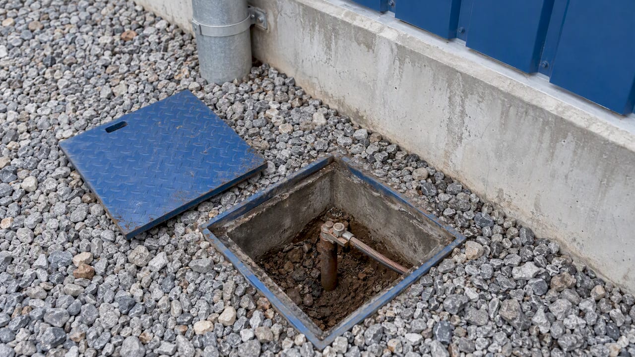 Earthing electrode access pit beside facility