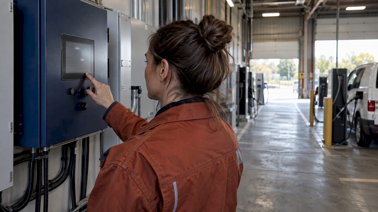 Electrician adjusting an EV charging power controller