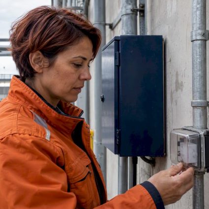 Technicienne en train de contrôler un compteur d'éclairs