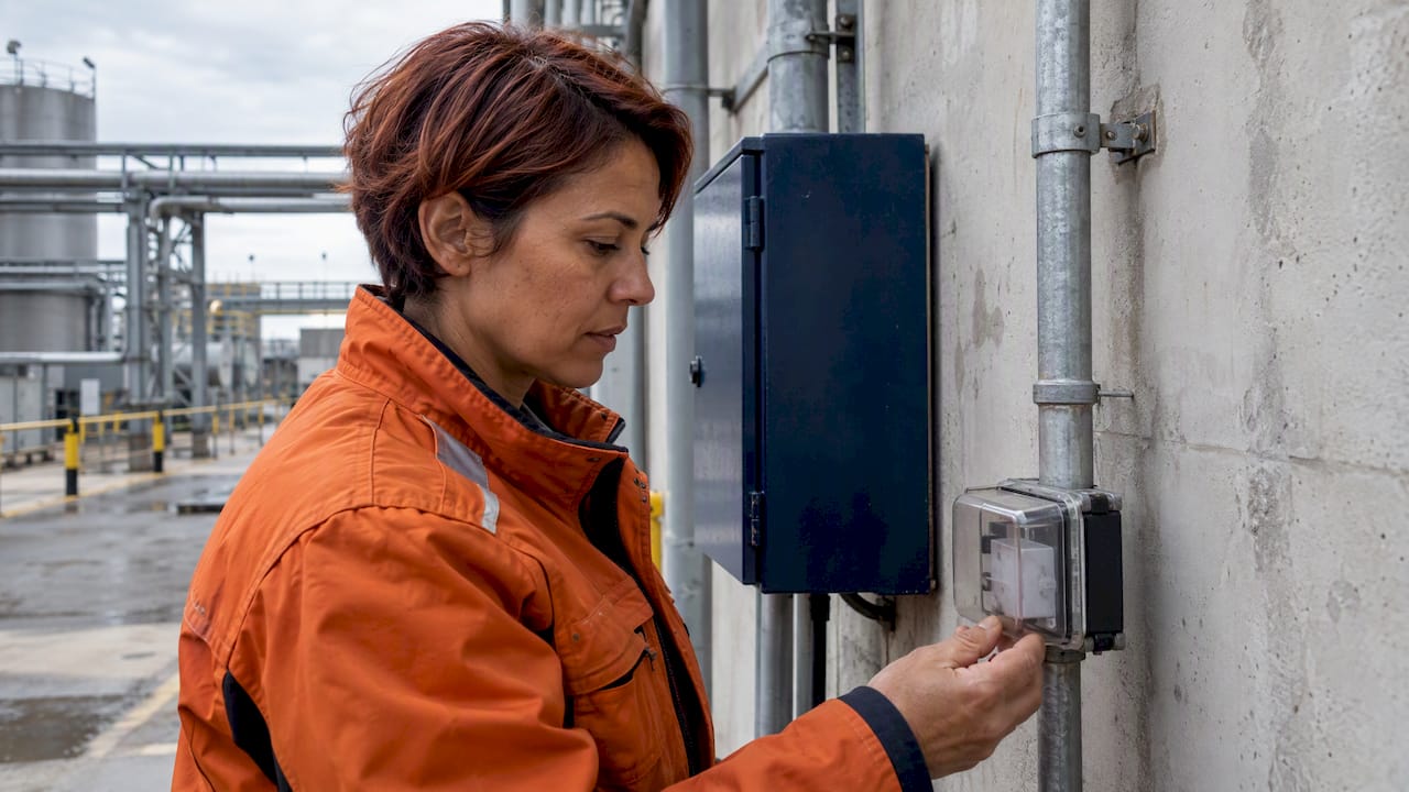 Technicienne en train de contrôler un compteur d'éclairs