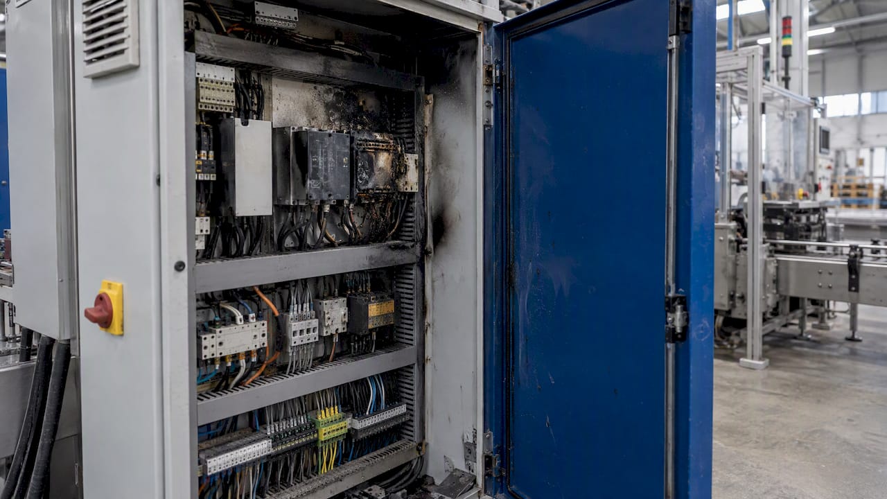 Lightning-damaged industrial machine control cabinet